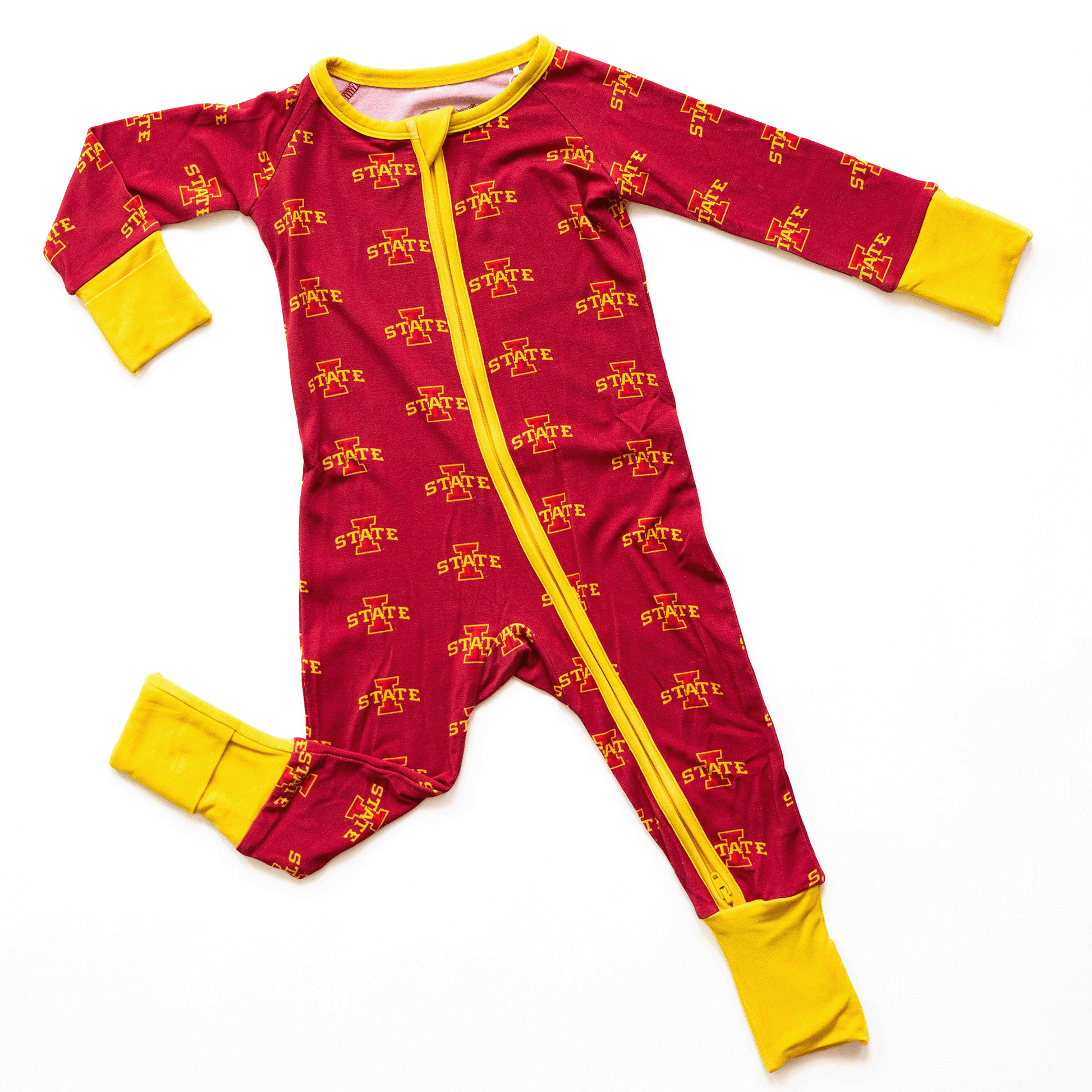 Iowa State Cyclones baby one-piece with official team logo, soft bamboo fabric, and double zippers for easy diaper changes.