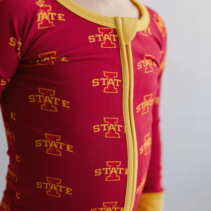 Iowa State Cyclones baby one-piece with official team logo, soft bamboo fabric, and double zippers for easy diaper changes.