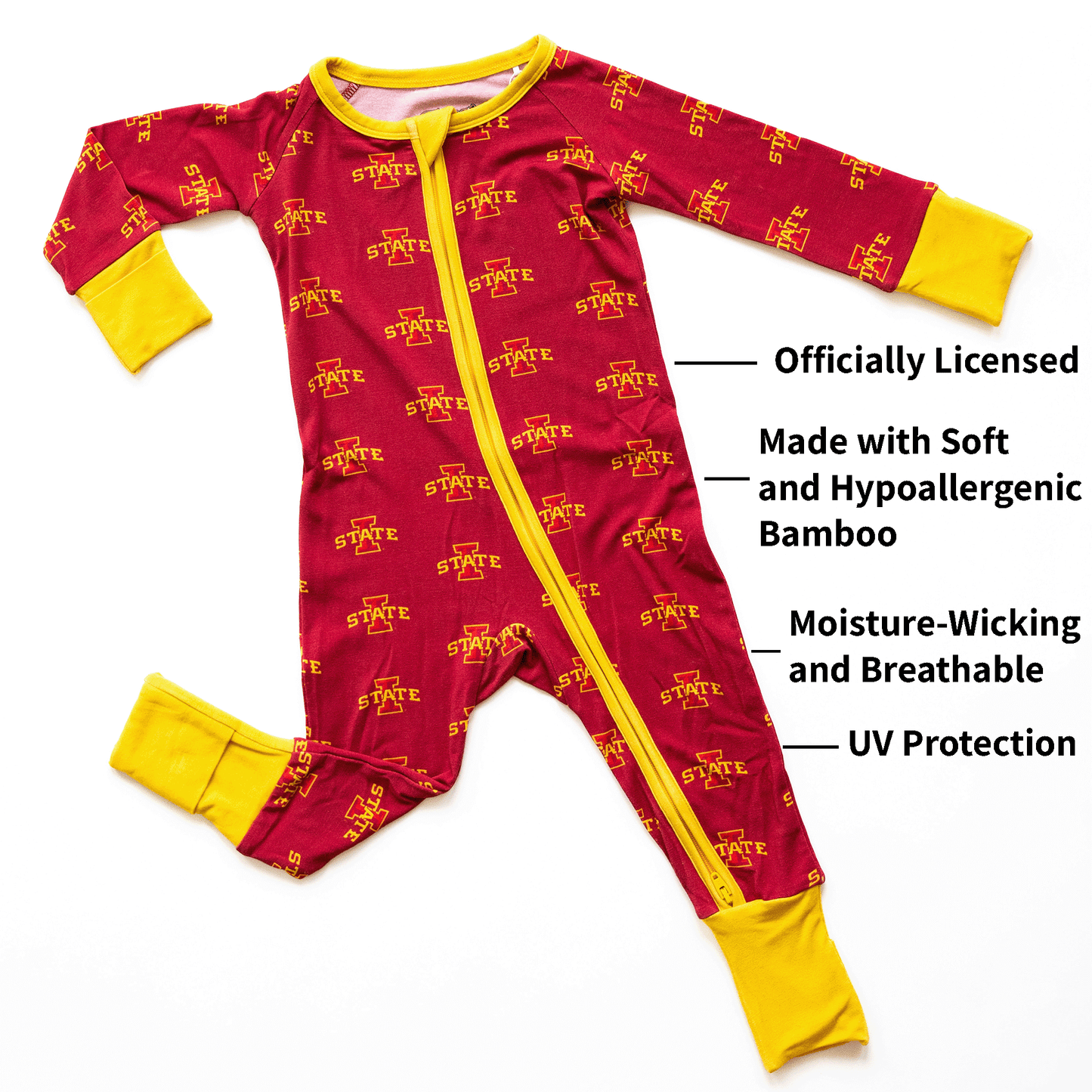 Iowa State Cyclones baby one-piece with official team logo, soft bamboo fabric, and double zippers for easy diaper changes.