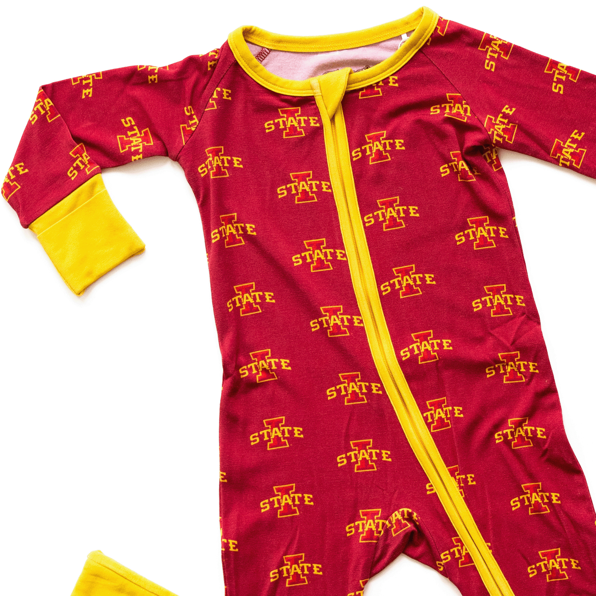 Iowa State Cyclones baby one-piece with official team logo, soft bamboo fabric, and double zippers for easy diaper changes.