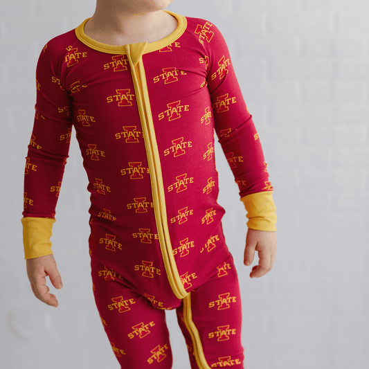 Iowa State Cyclones baby one-piece with official team logo, soft bamboo fabric, and double zippers for easy diaper changes.