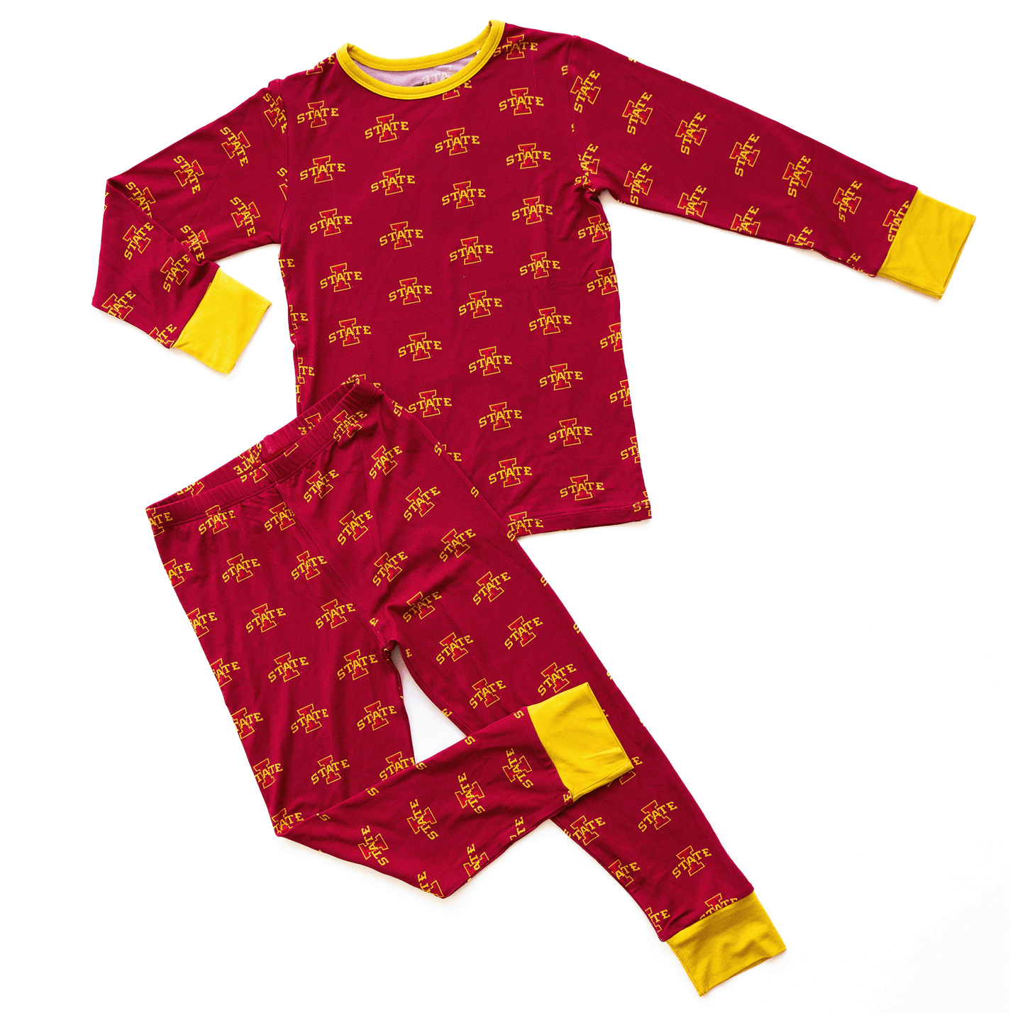 Iowa State Cyclones pajamas for toddler to youth with official team logo, soft bamboo fabric, and a snug fit.