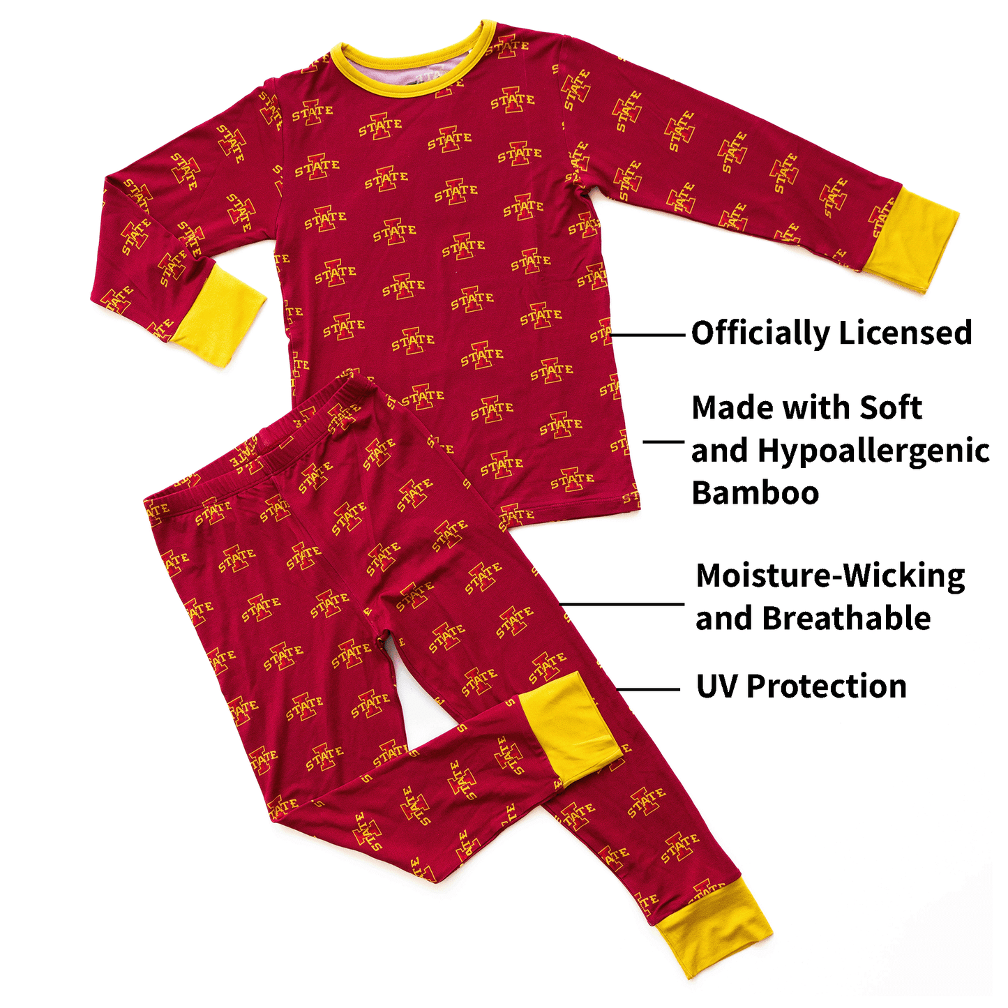 Iowa State Cyclones pajamas for toddler to youth with official team logo, soft bamboo fabric, and a snug fit.