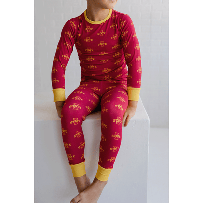 Iowa State Cyclones pajamas for toddler to youth with official team logo, soft bamboo fabric, and a snug fit.