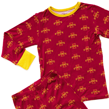 Iowa State Cyclones pajamas for toddler to youth with official team logo, soft bamboo fabric, and a snug fit.