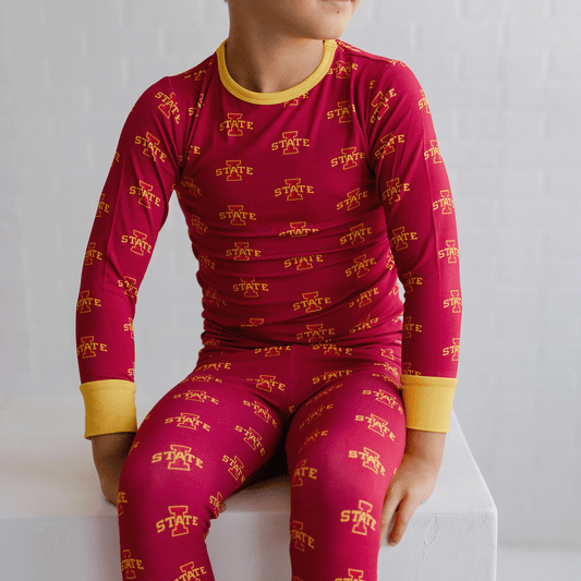 Iowa State Cyclones pajamas for toddler to youth with official team logo, soft bamboo fabric, and a snug fit.