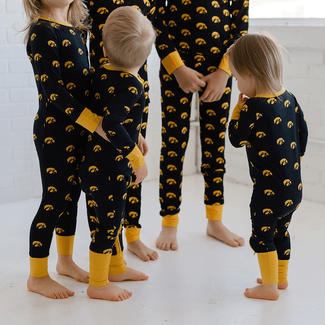 Iowa Hawkeyes Zippy One-Piece bamboo sleepers made from soft bamboo and featuring the Tigerhawk logo.