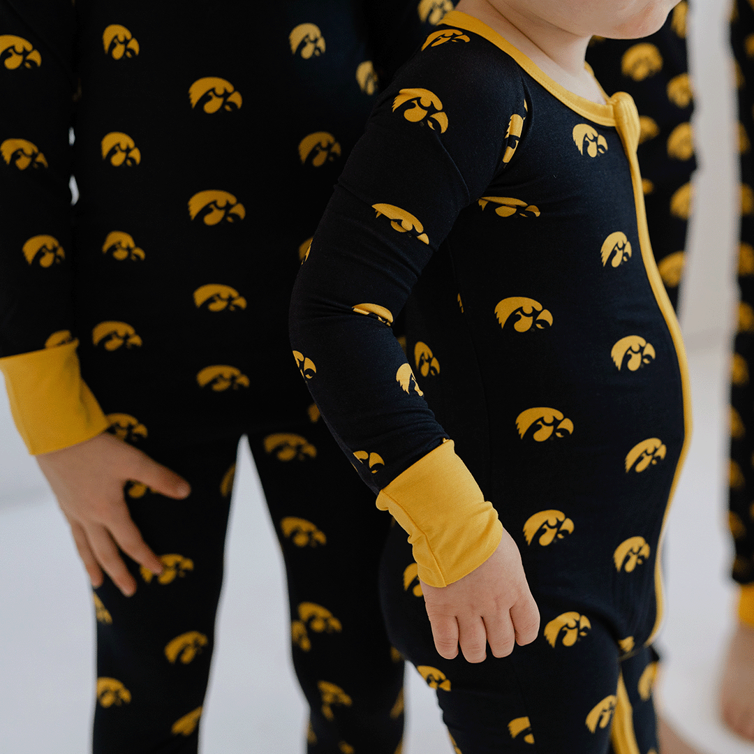 Iowa Hawkeyes bamboo Pajamas And One-Piece Sleepers featuring the Tigerhawk logo.