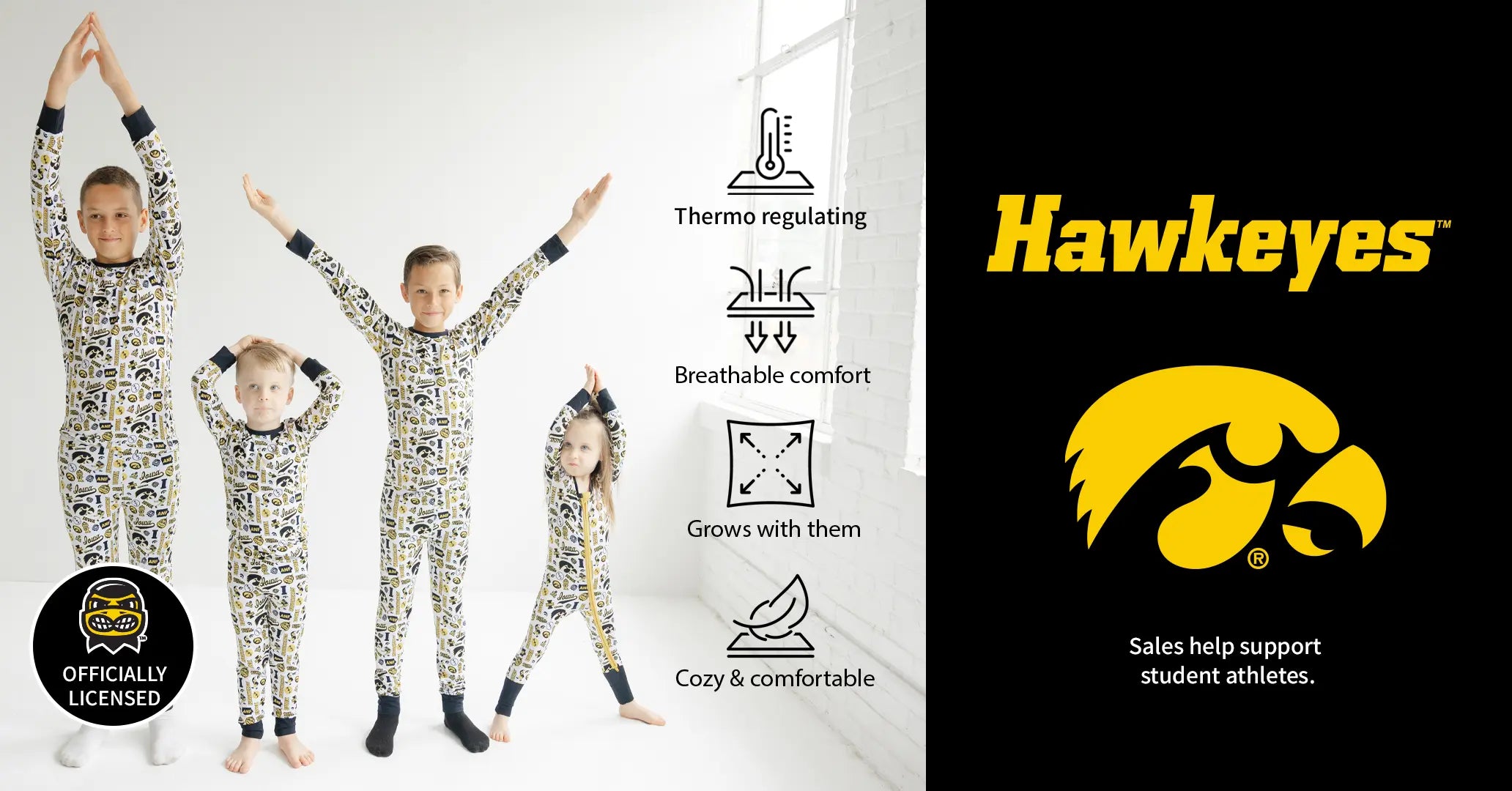 Children's pajamas with officially licensed iowa hawkeyes branding and product features on a white background