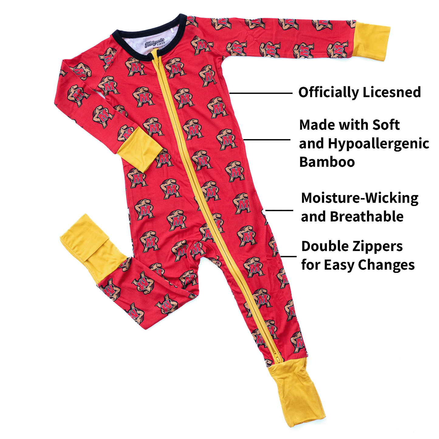 Maryland Terrapins baby one-piece with official team logo, soft bamboo fabric, and double zippers for easy diaper changes.