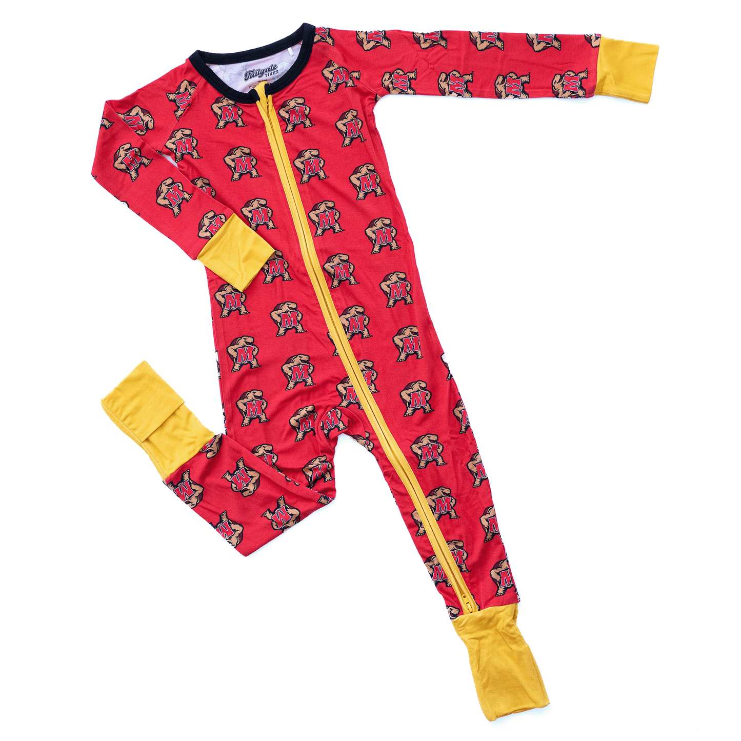 Maryland Terrapins baby one-piece with official team logo, soft bamboo fabric, and double zippers for easy diaper changes.