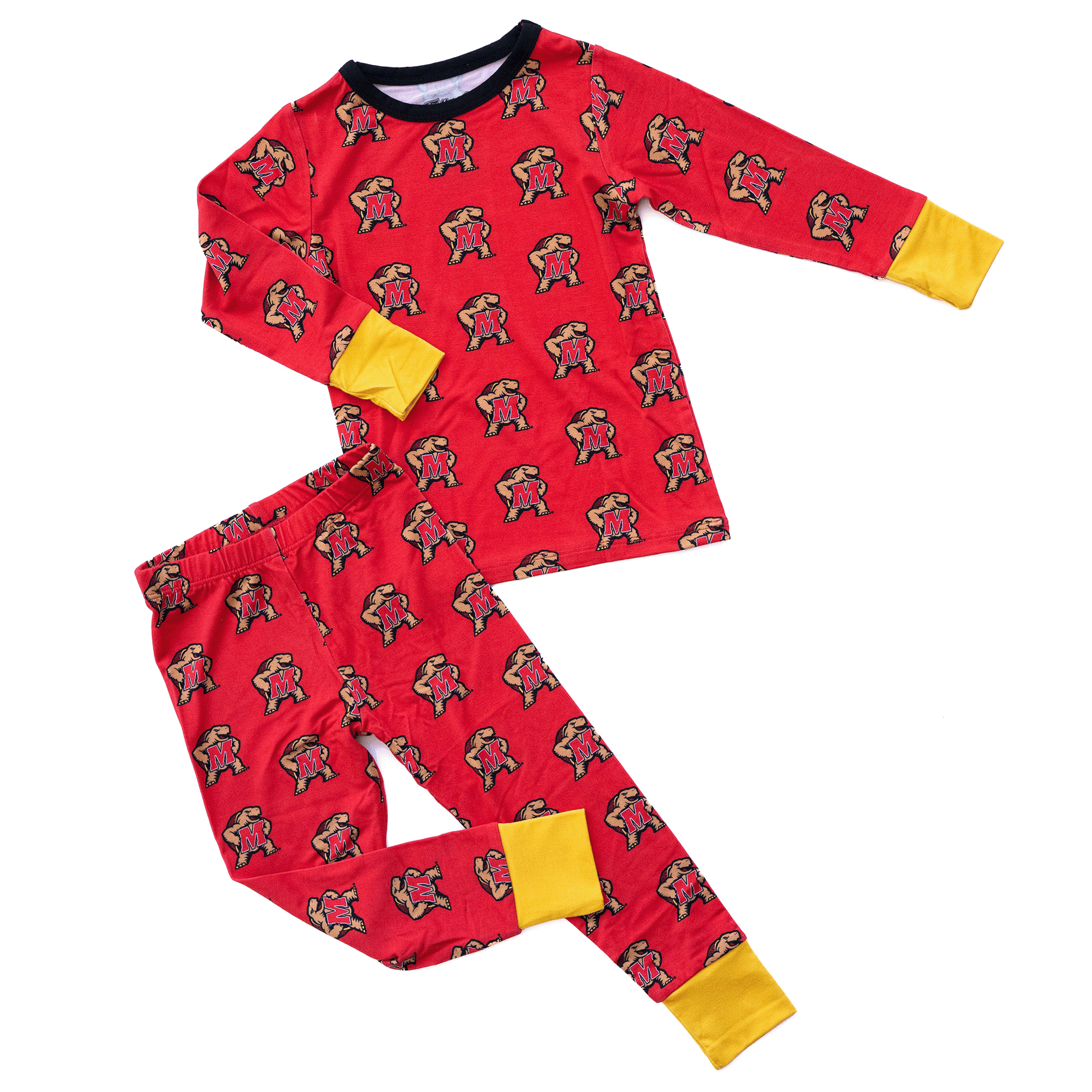 Maryland Terrapins pajamas for toddler to youth with official team logo, soft bamboo fabric, and a snug fit.