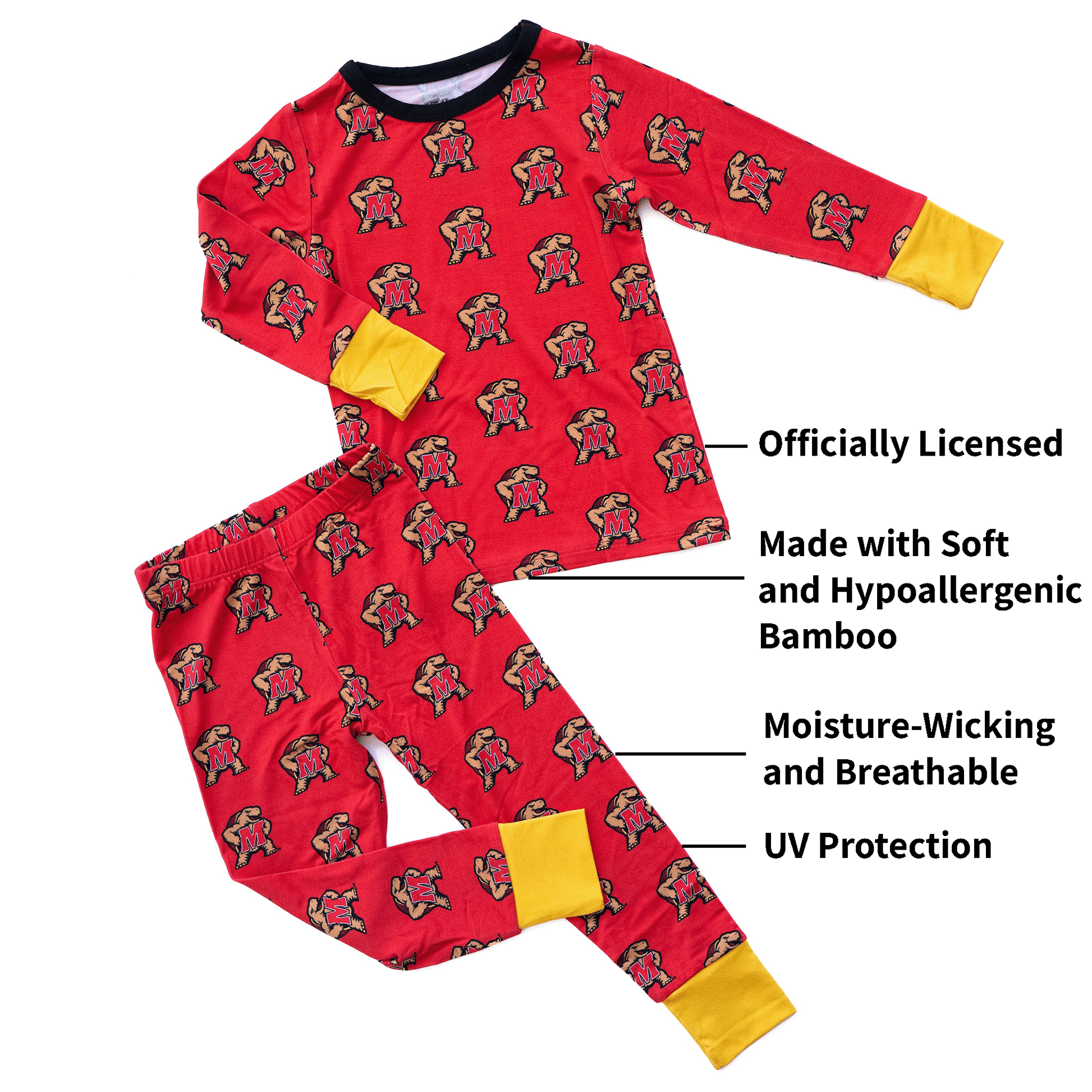 Maryland Terrapins pajamas for toddler to youth with official team logo, soft bamboo fabric, and a snug fit.