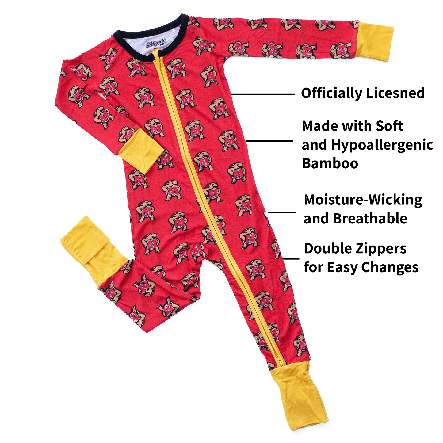 The Maryland Terrapins Onesie by Tailgate Tikes is a red baby onesie with an all-over small character design. It features yellow cuffs and a yellow interior zipper lining. Text on the right side highlights its features: "Officially Licensed Tailgate Tikes," "Made with Soft and Hypoallergenic Bamboo," "Moisture-Wicking and Breathable," and "Double Zippers for Easy Changes.