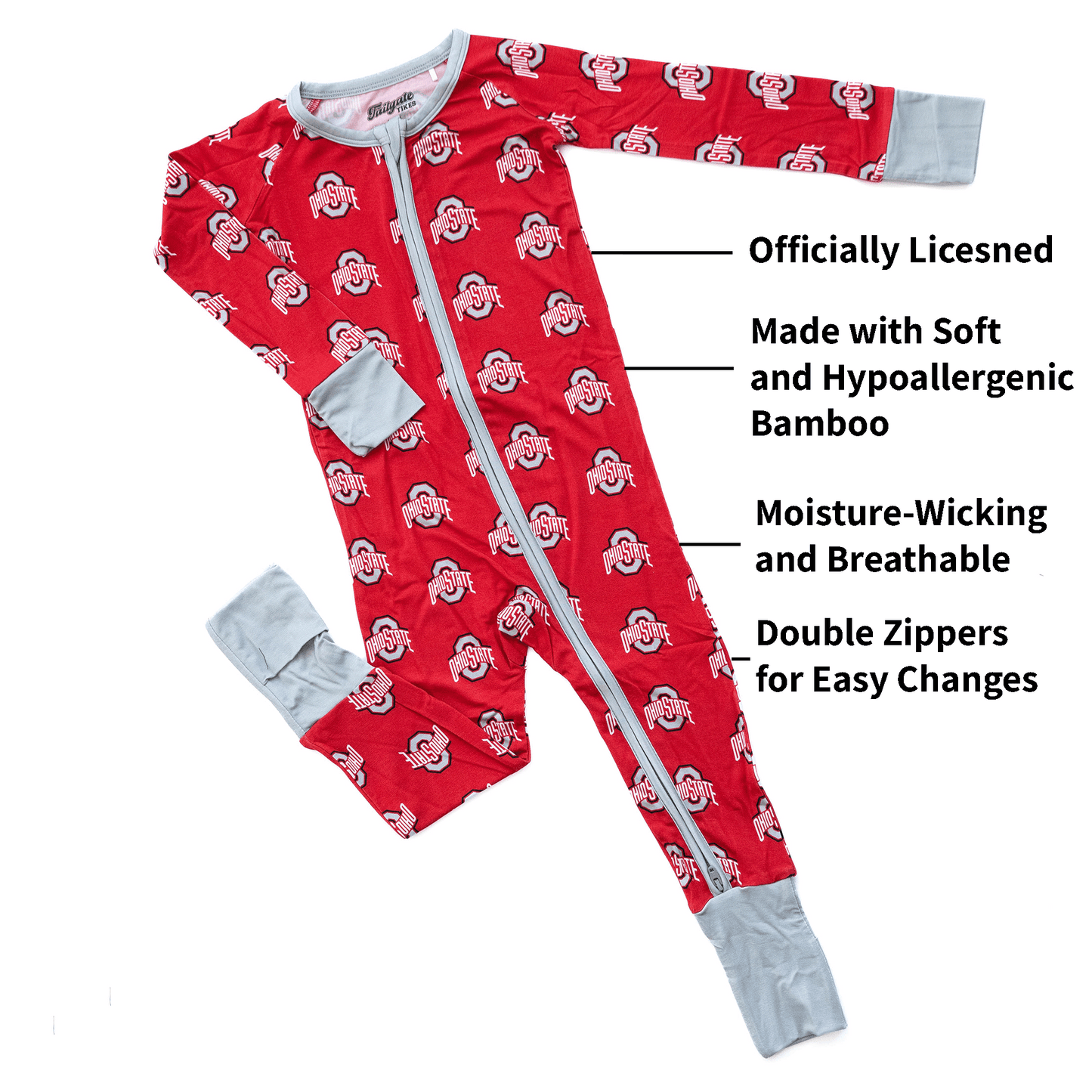 Ohio State Buckeyes one-piece with official team logo, soft bamboo fabric, and double zippers for easy changes.