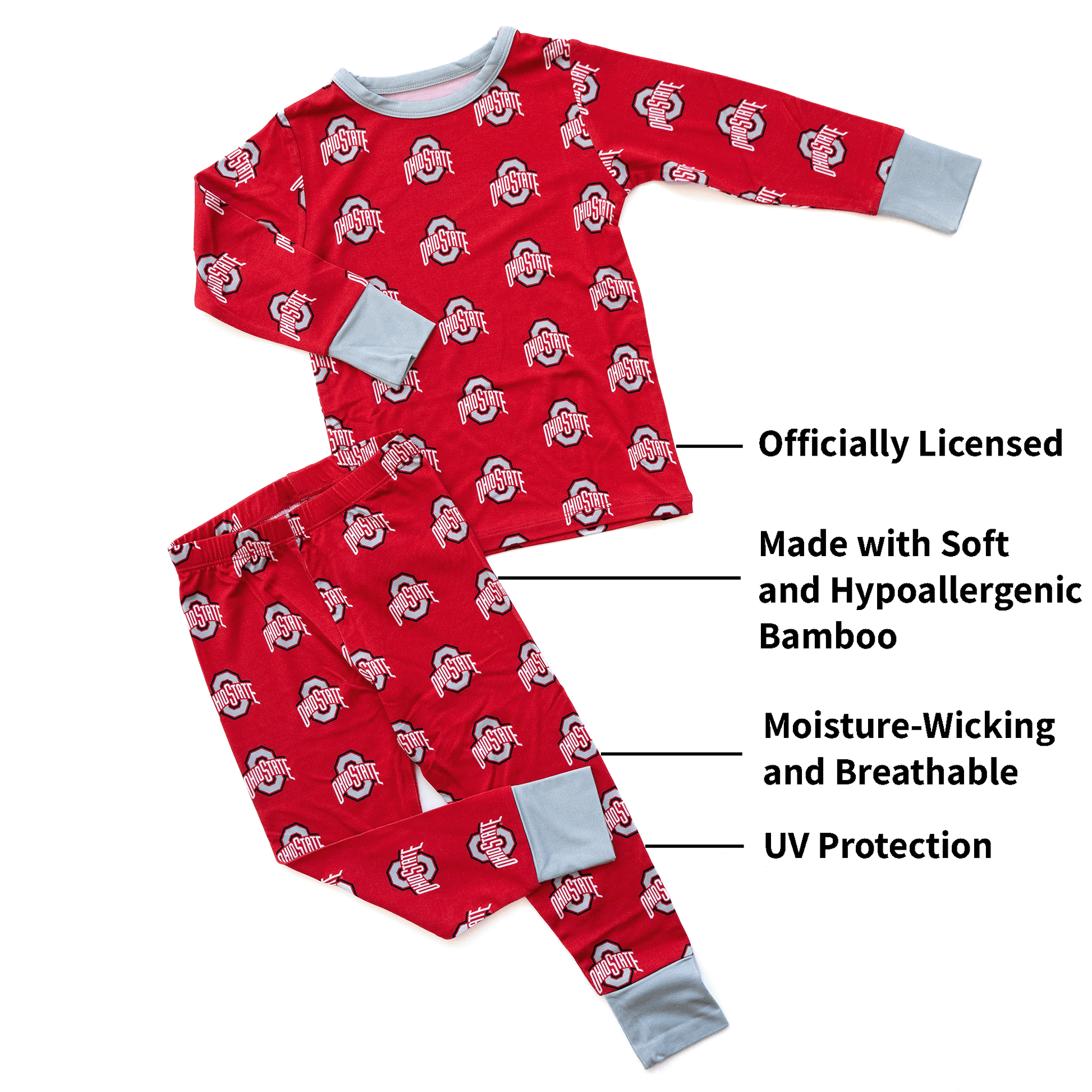 Ohio State Buckeyes toddler to youth pajamas with team logo, soft bamboo fabric, and a cozy fit.