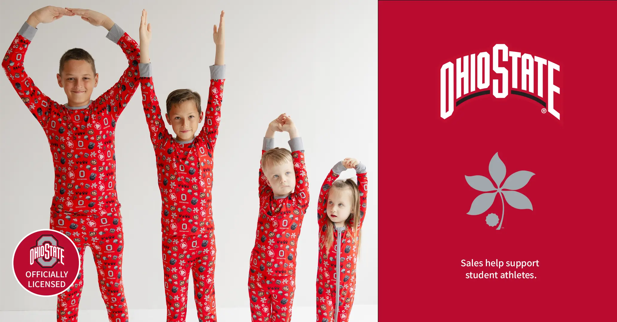 Children wearing red Ohio State-themed pajamas with a red background featuring the Ohio State logo.