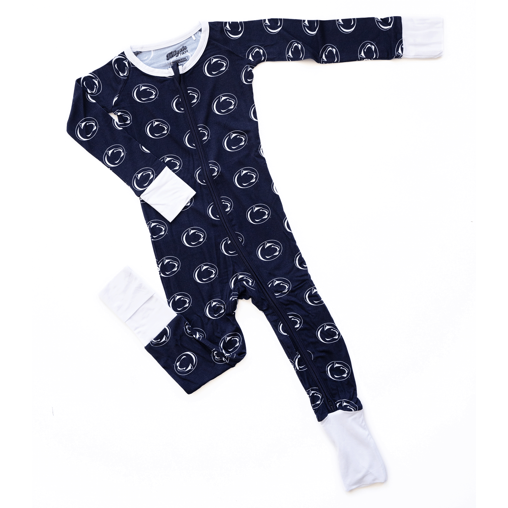 Penn State Nittany Lions baby one-piece with official team logo, soft bamboo fabric, and double zippers for easy diaper changes.