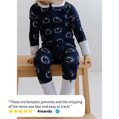 Penn State Nittany Lions baby one-piece with official team logo, soft bamboo fabric, and double zippers for easy diaper changes.