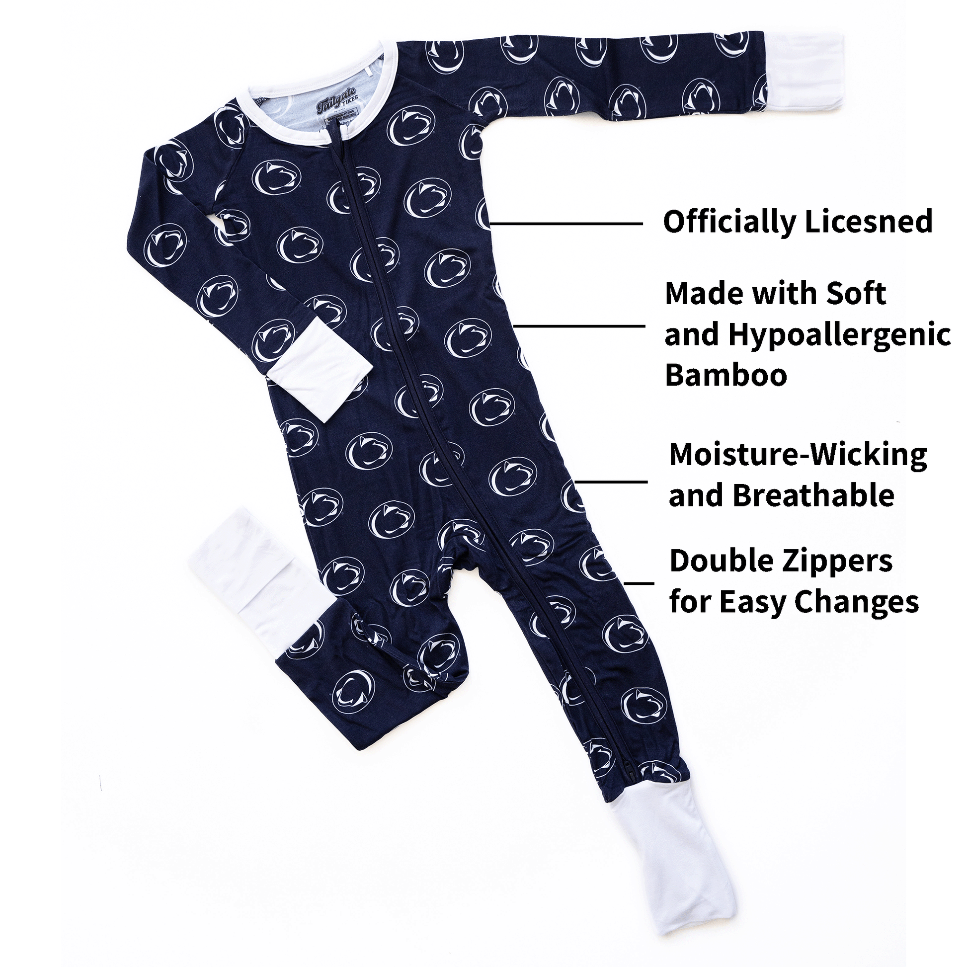 Penn State Nittany Lions baby one-piece with official team logo, soft bamboo fabric, and double zippers for easy diaper changes.