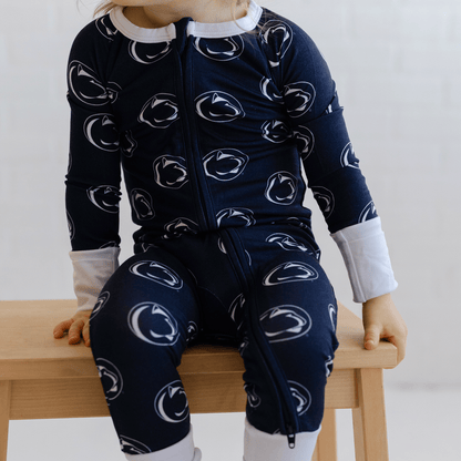 Penn State Nittany Lions baby one-piece with official team logo, soft bamboo fabric, and double zippers for easy diaper changes.