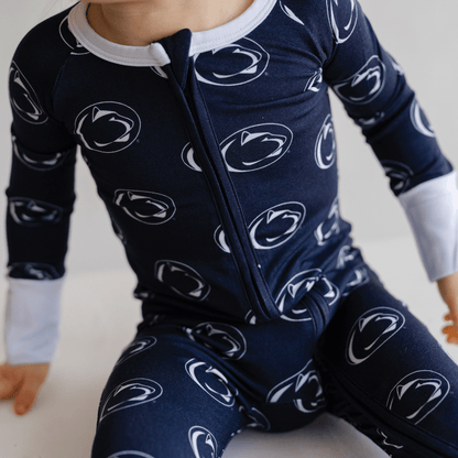 Penn State Nittany Lions baby one-piece with official team logo, soft bamboo fabric, and double zippers for easy diaper changes.