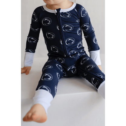 Penn State Nittany Lions baby one-piece with official team logo, soft bamboo fabric, and double zippers for easy diaper changes.