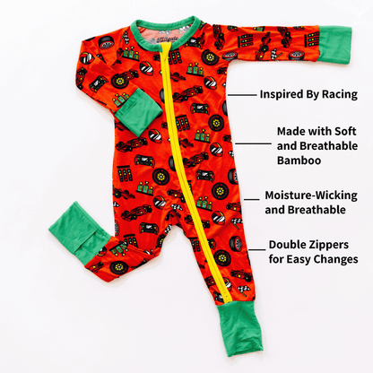 Racing-themed baby one-piece with soft bamboo fabric, double zippers for easy changes, and a sporty design for little racers.