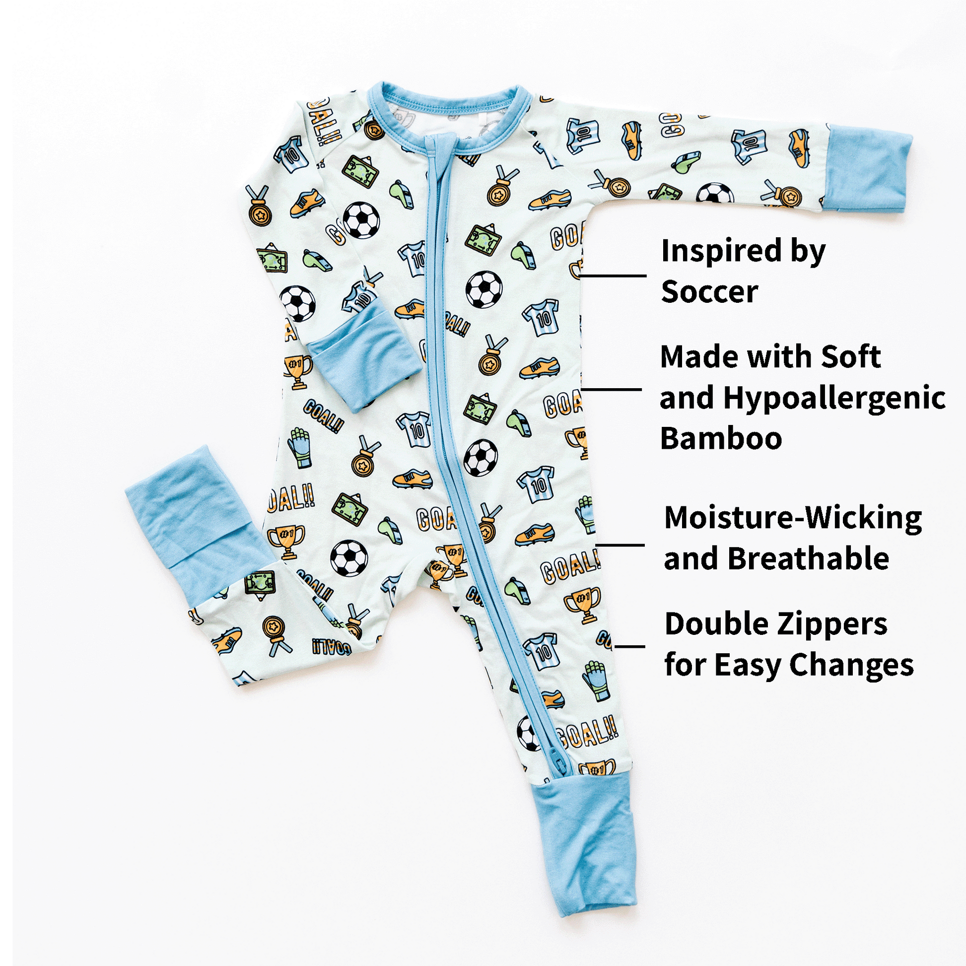 Soccer-themed baby one-piece with soft bamboo fabric, double zippers for easy changes, and a sporty design for little fans.