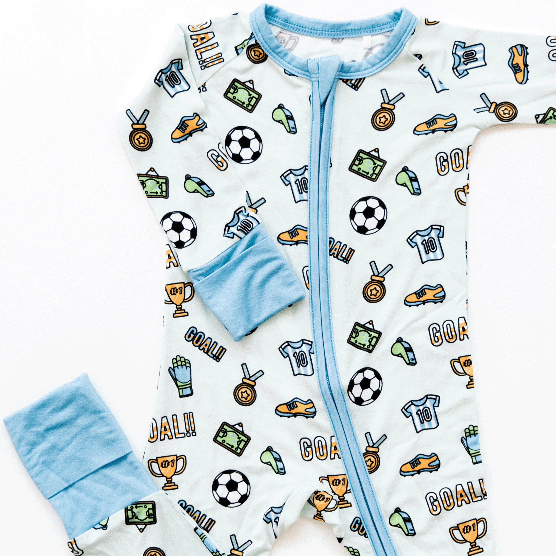 Soccer-themed baby one-piece with soft bamboo fabric, double zippers for easy changes, and a sporty design for little fans.