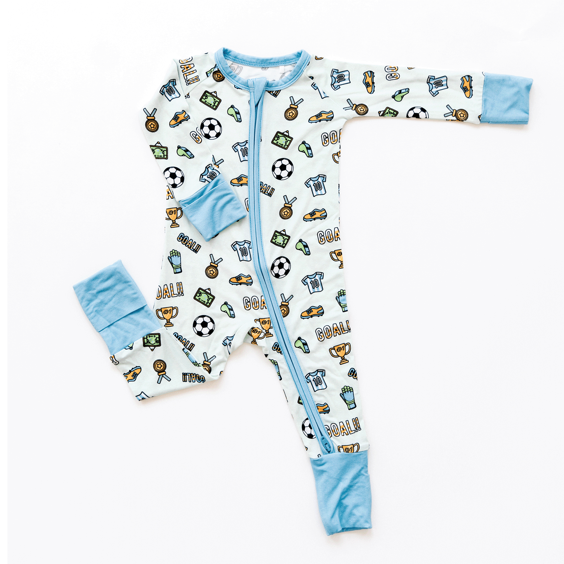 Soccer-themed baby one-piece with soft bamboo fabric, double zippers for easy changes, and a sporty design for little fans.