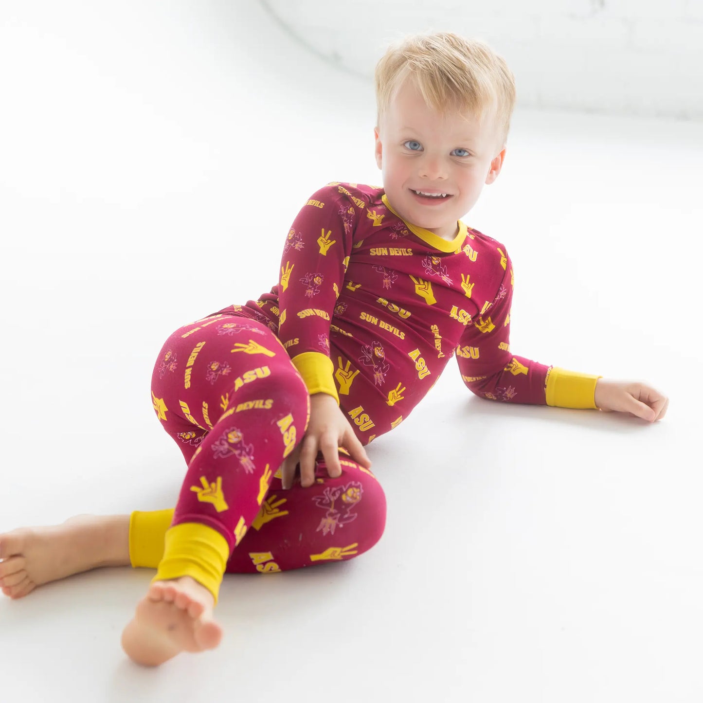 Sparky The Sun Devil Printed On Maroon And Gold bamboo Pajama Top with ASU Sun Devils print.