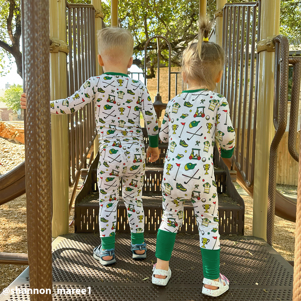 Tailgate Tikes golf-themed bamboo pajamas and one-piece sleepers for infants and toddlers. Featuring soft, breathable fabric with fun golf prints, and a convenient double zipper design for easy changes.