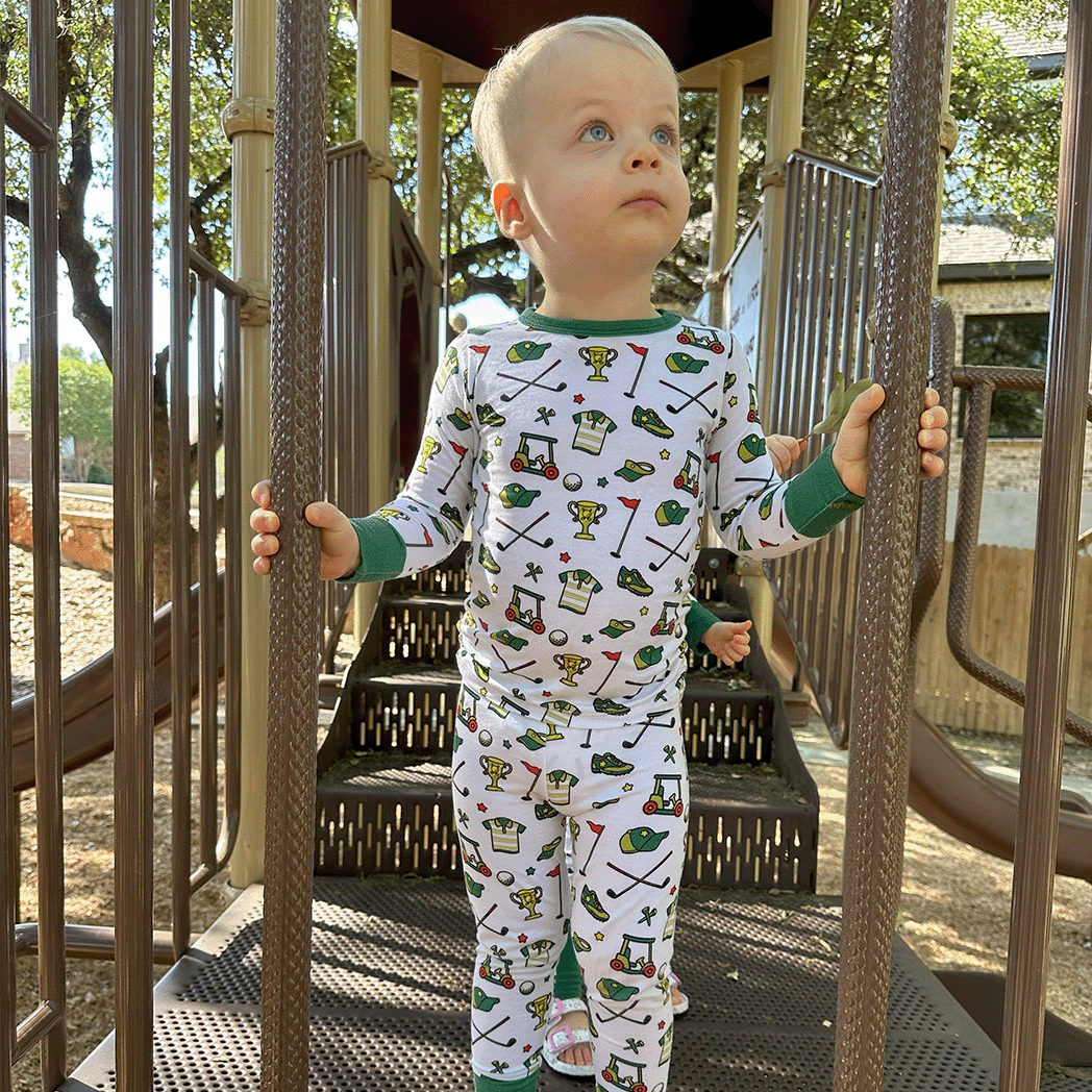 Tailgate Tikes Golf pajamas for toddler to youth with soft bamboo fabric, and a snug fit in a golf print.