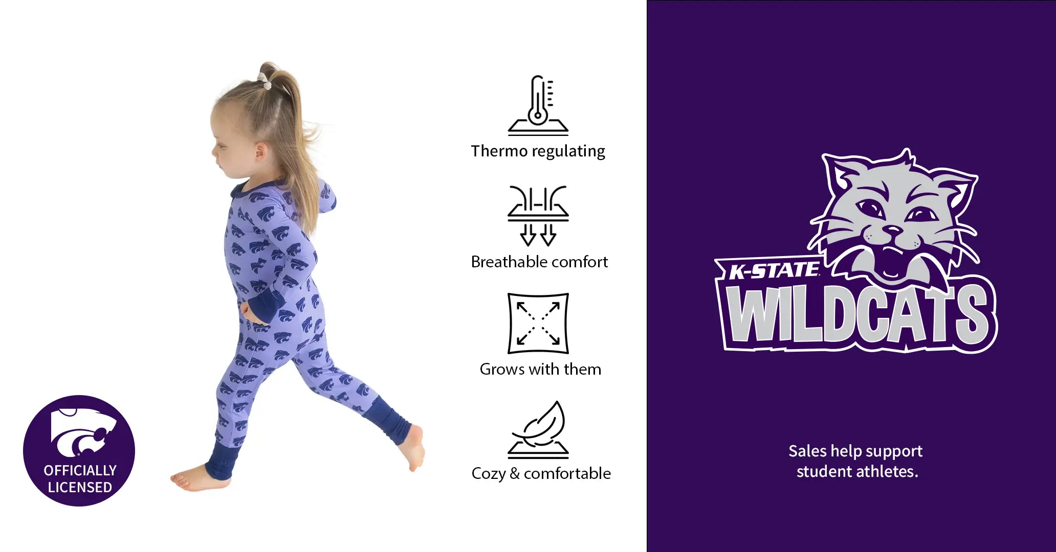 Kansas State Wildcats Officially licensed bamboo Zippy One-Piece sleeper in lavender and purple.