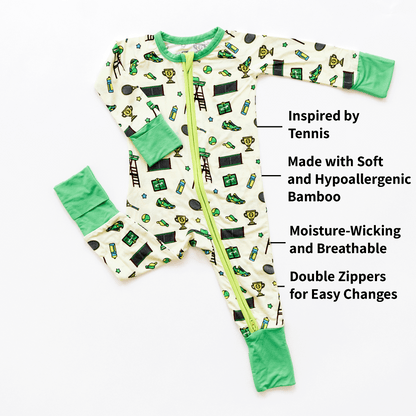 Tennis-themed baby one-piece with soft bamboo fabric, double zippers for easy changes, and a sporty design for little tennis fans.