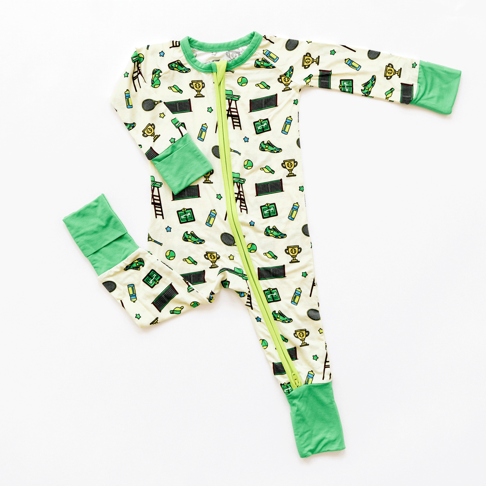 Tennis-themed baby one-piece with soft bamboo fabric, double zippers for easy changes, and a sporty design for little tennis fans.