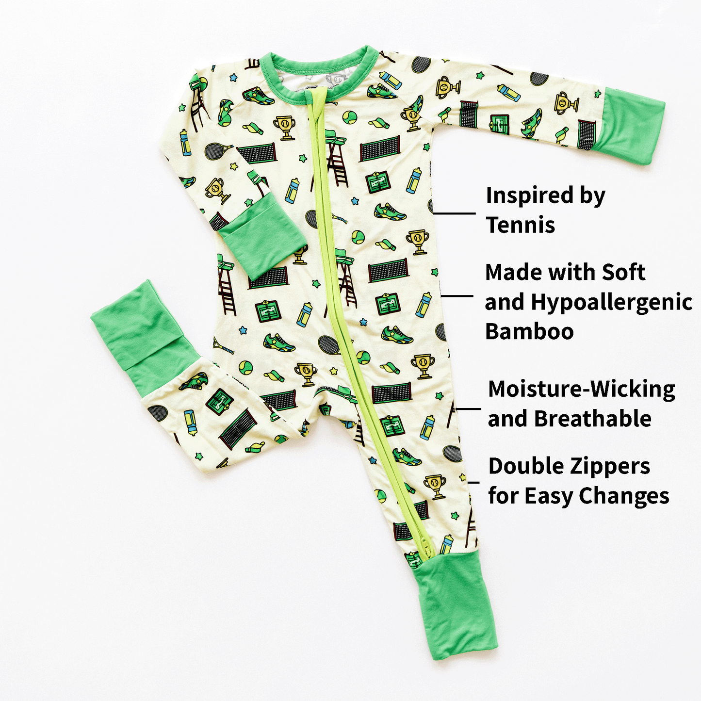 The Tailgate Tikes Tennis Onesie is a charming white baby onesie with green cuffs that features a playful tennis-themed print. Perfect for your little one, it is highlighted by phrases like "Inspired by Tennis," "Made with Soft and Hypoallergenic Bamboo," "Moisture-Wicking and Breathable," and has "Double Zippers for Easy Changes.