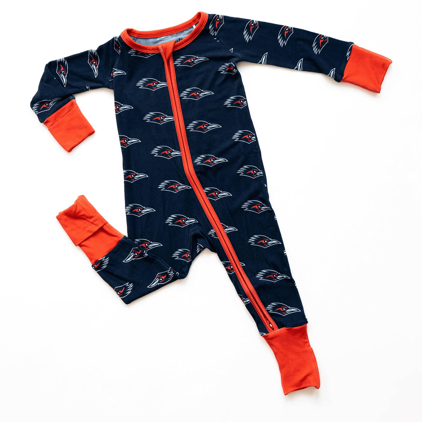 UTSA Roadrunners baby one-piece with official team logo, soft bamboo fabric, and double zippers for easy diaper changes.