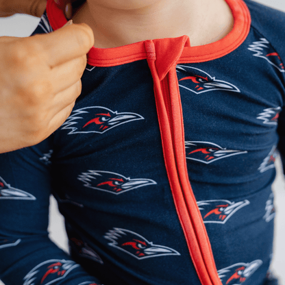 UTSA Roadrunners baby one-piece with official team logo, soft bamboo fabric, and double zippers for easy diaper changes.