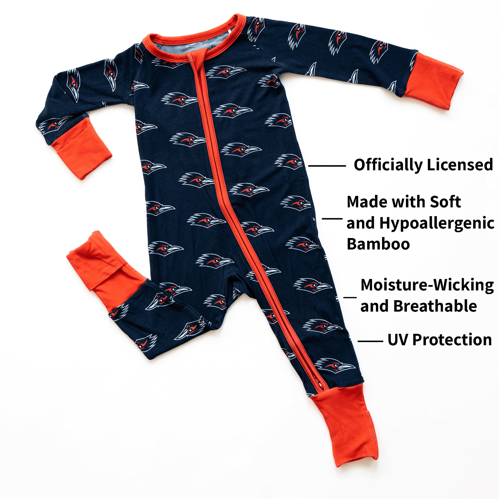 UTSA Roadrunners baby one-piece with official team logo, soft bamboo fabric, and double zippers for easy diaper changes.