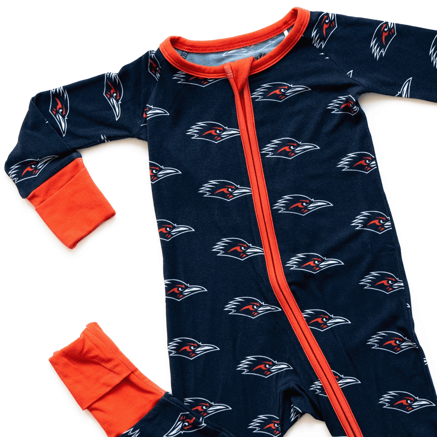 UTSA Roadrunners baby one-piece with official team logo, soft bamboo fabric, and double zippers for easy diaper changes.