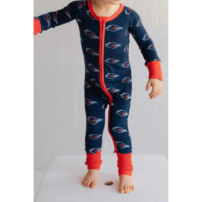 UTSA Roadrunners baby one-piece with official team logo, soft bamboo fabric, and double zippers for easy diaper changes.