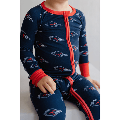 UTSA Roadrunners baby one-piece with official team logo, soft bamboo fabric, and double zippers for easy diaper changes.