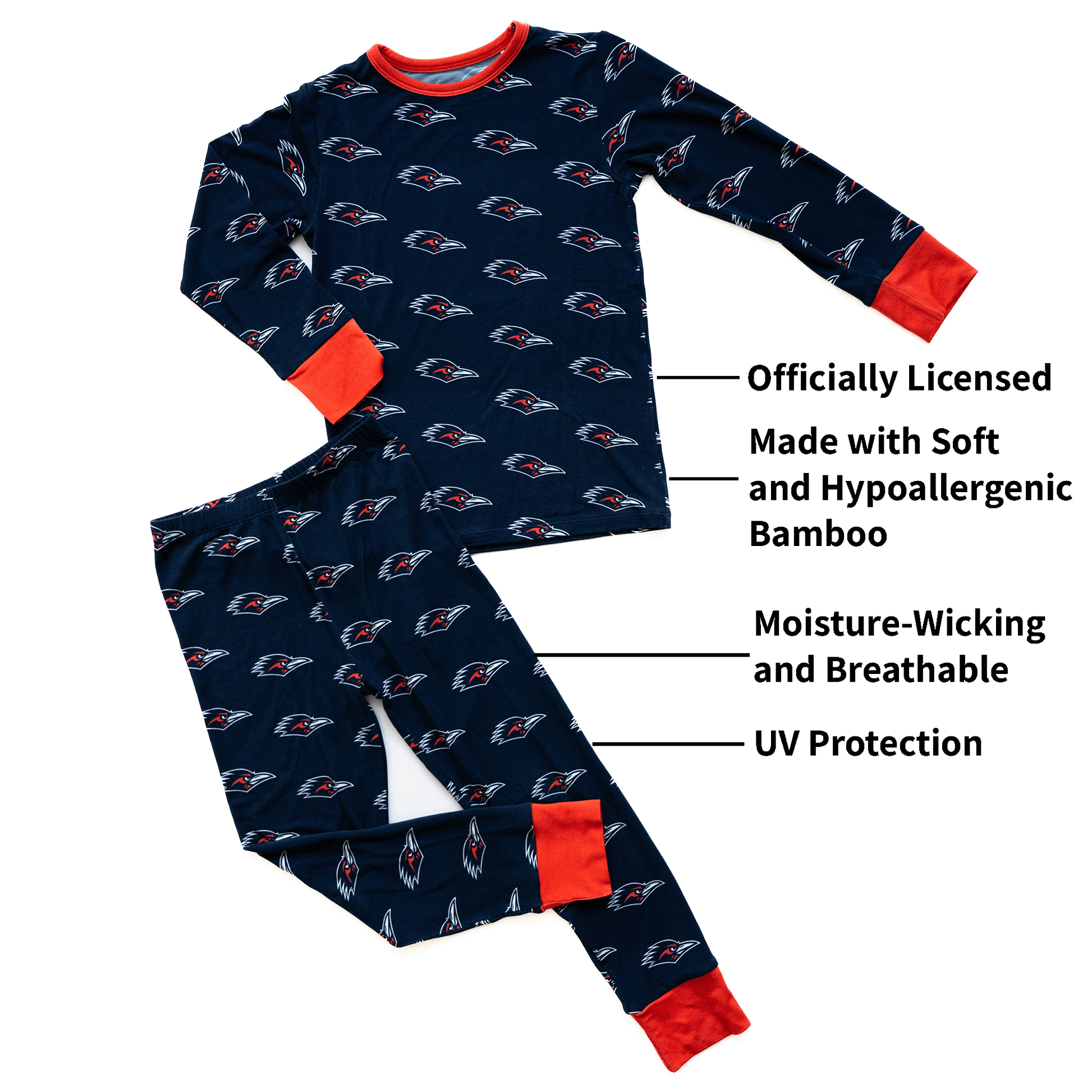 UTSA roadrunners toddler to youth pajamas with official team logo, soft bamboo fabric, and a cozy fit for comfortable sleep.