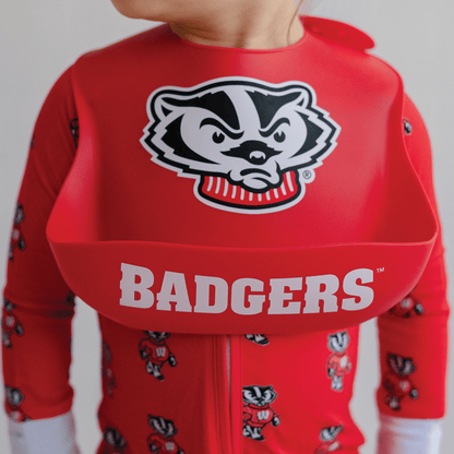 Wisconsin Badgers Bucky silicone baby bib, BPA-free, easy to clean, with adjustable fit, featuring the Bucky Badger mascot.