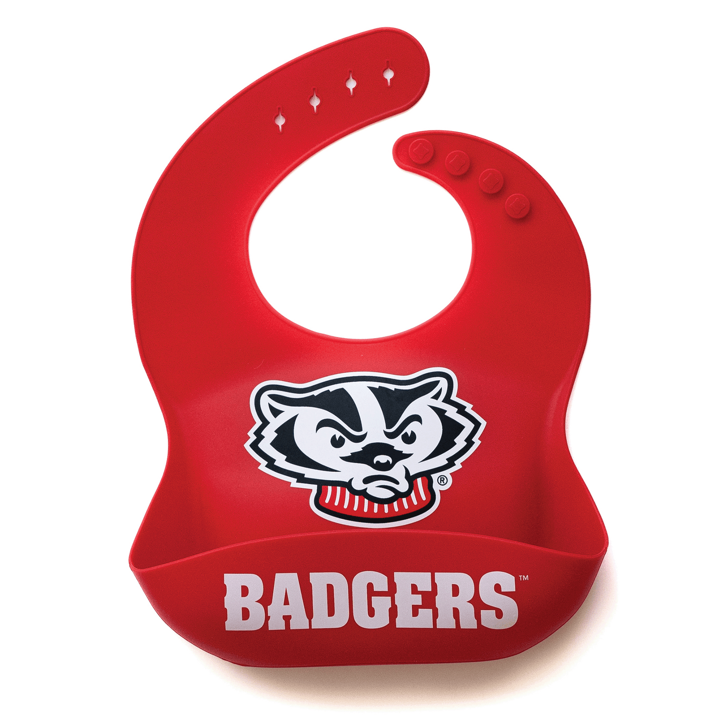 Wisconsin Badgers Bucky silicone baby bib, BPA-free, easy to clean, with adjustable fit, featuring the Bucky Badger mascot.