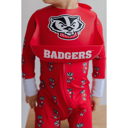 Wisconsin Badgers baby one-piece with official team logo, soft bamboo fabric, and double zippers for easy diaper changes.