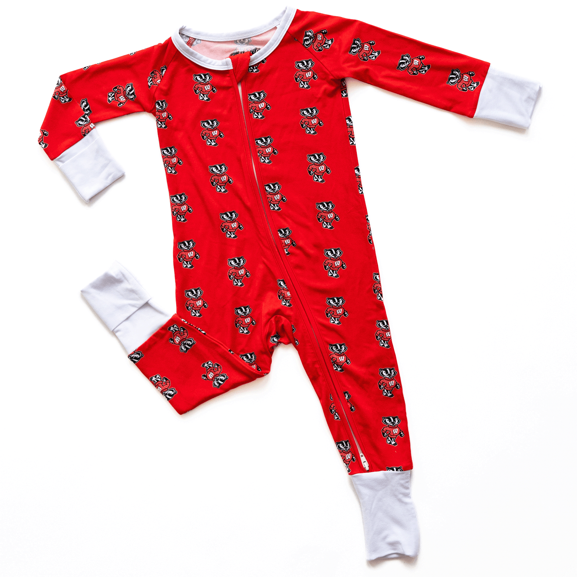 Wisconsin Badgers baby one-piece with official team logo, soft bamboo fabric, and double zippers for easy diaper changes.