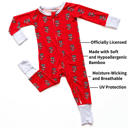 Wisconsin Badgers baby one-piece with official team logo, soft bamboo fabric, and double zippers for easy diaper changes.